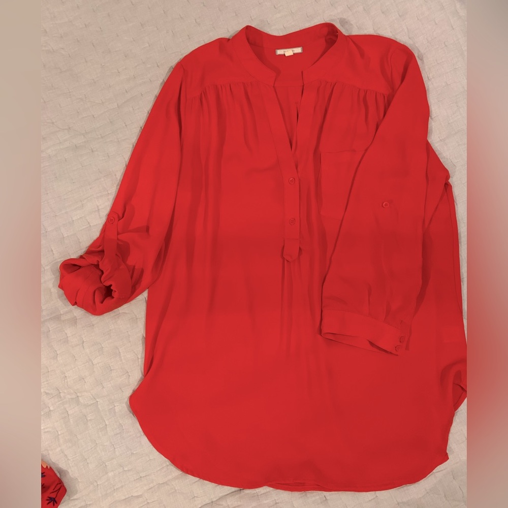 Deep coral blouse with convertible sleeves, womens L